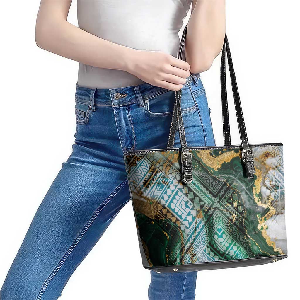 Polynesian Tribal Tattoo Leather Tote Bag Green Marble Pattern