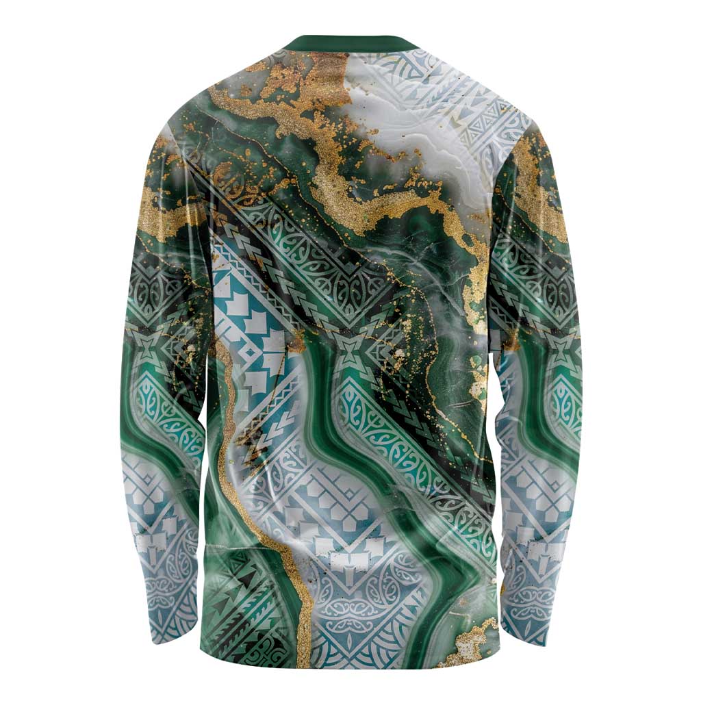 Polynesian Tribal Tattoo Long Sleeve Shirt Green Marble Pattern LT9 - Polynesian Pride