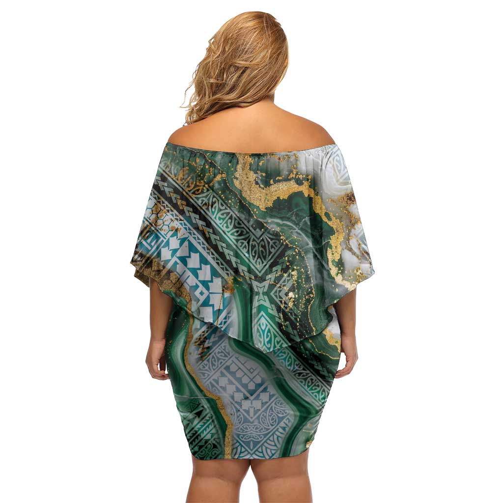 Polynesian Tribal Tattoo Off Shoulder Short Dress Green Marble Pattern LT9 - Polynesian Pride