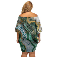 Polynesian Tribal Tattoo Off Shoulder Short Dress Green Marble Pattern LT9 - Polynesian Pride
