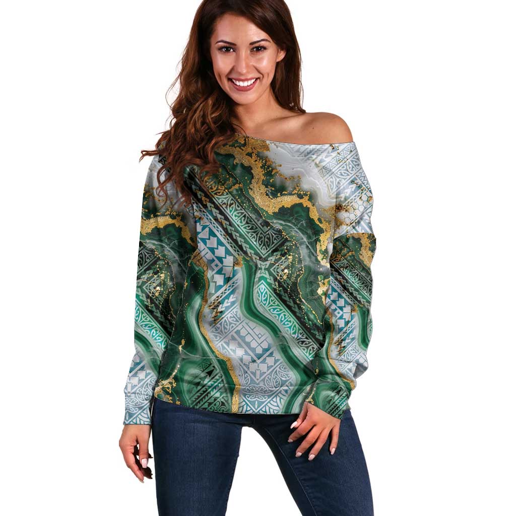 Polynesian Tribal Tattoo Off Shoulder Sweater Green Marble Pattern