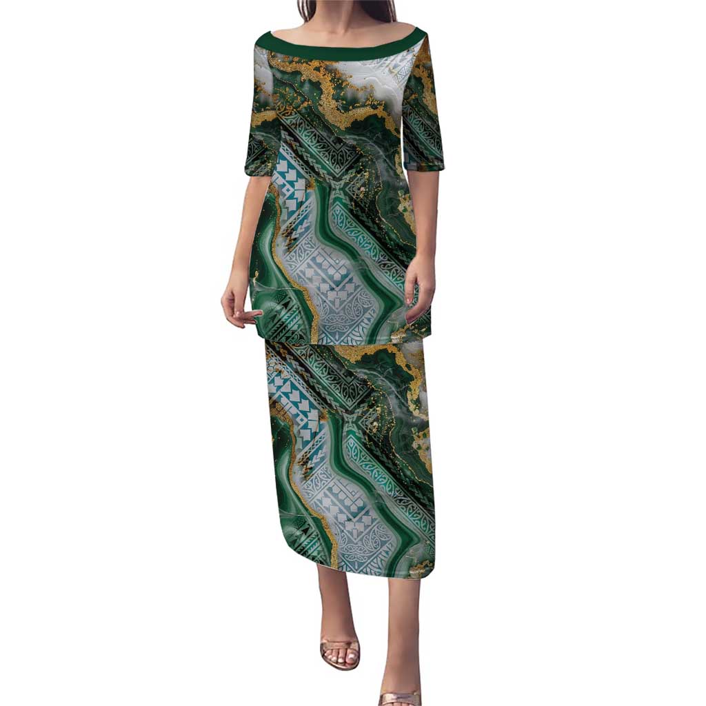 Polynesian Tribal Tattoo Puletasi Green Marble Pattern LT9 Long Dress Green - Polynesian Pride