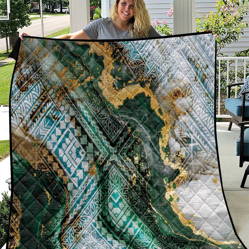 Polynesian Tribal Tattoo Quilt Green Marble Pattern