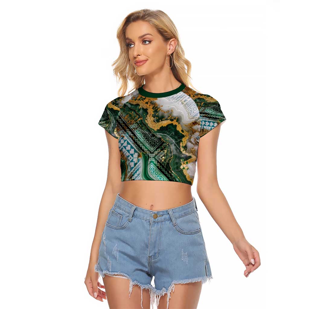 Polynesian Tribal Tattoo Raglan Cropped T Shirt Green Marble Pattern LT9 Female Green - Polynesian Pride