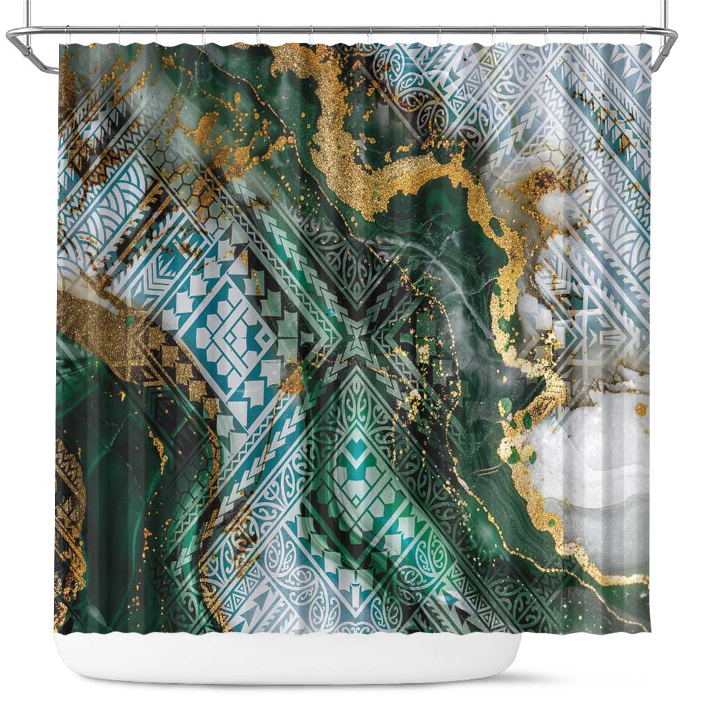 Polynesian Tribal Tattoo Shower Curtain Green Marble Pattern