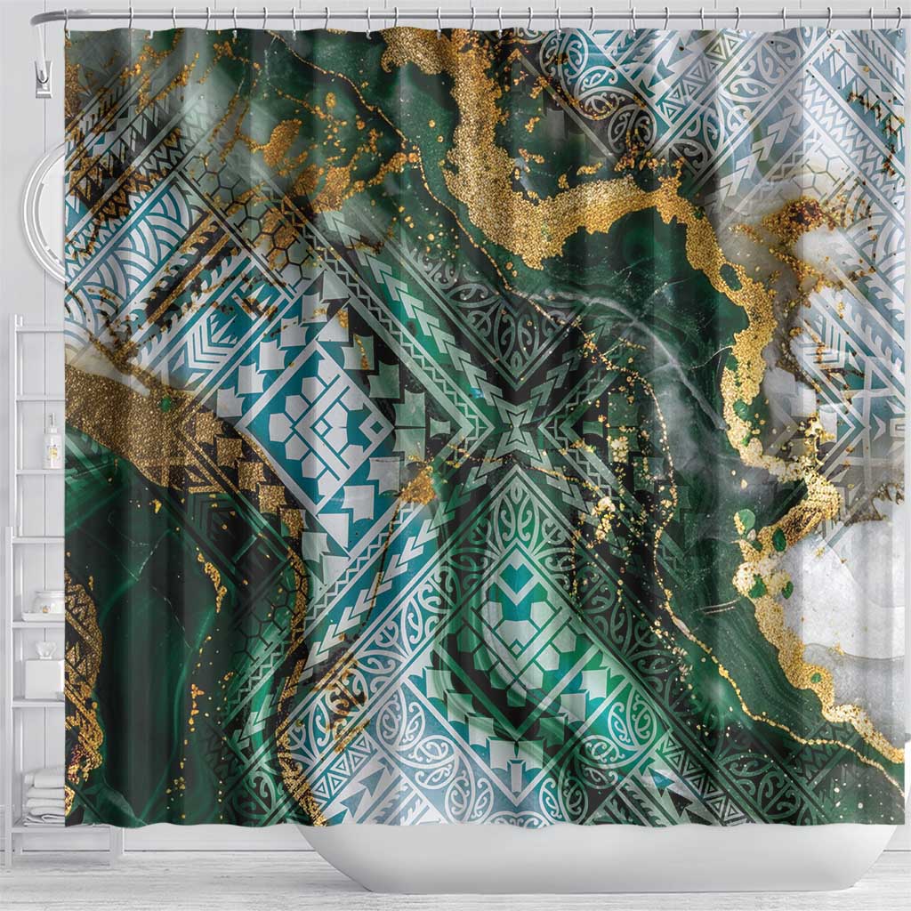 Polynesian Tribal Tattoo Shower Curtain Green Marble Pattern