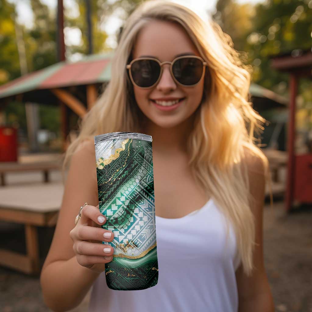 Polynesian Tribal Tattoo Skinny Tumbler Green Marble Pattern