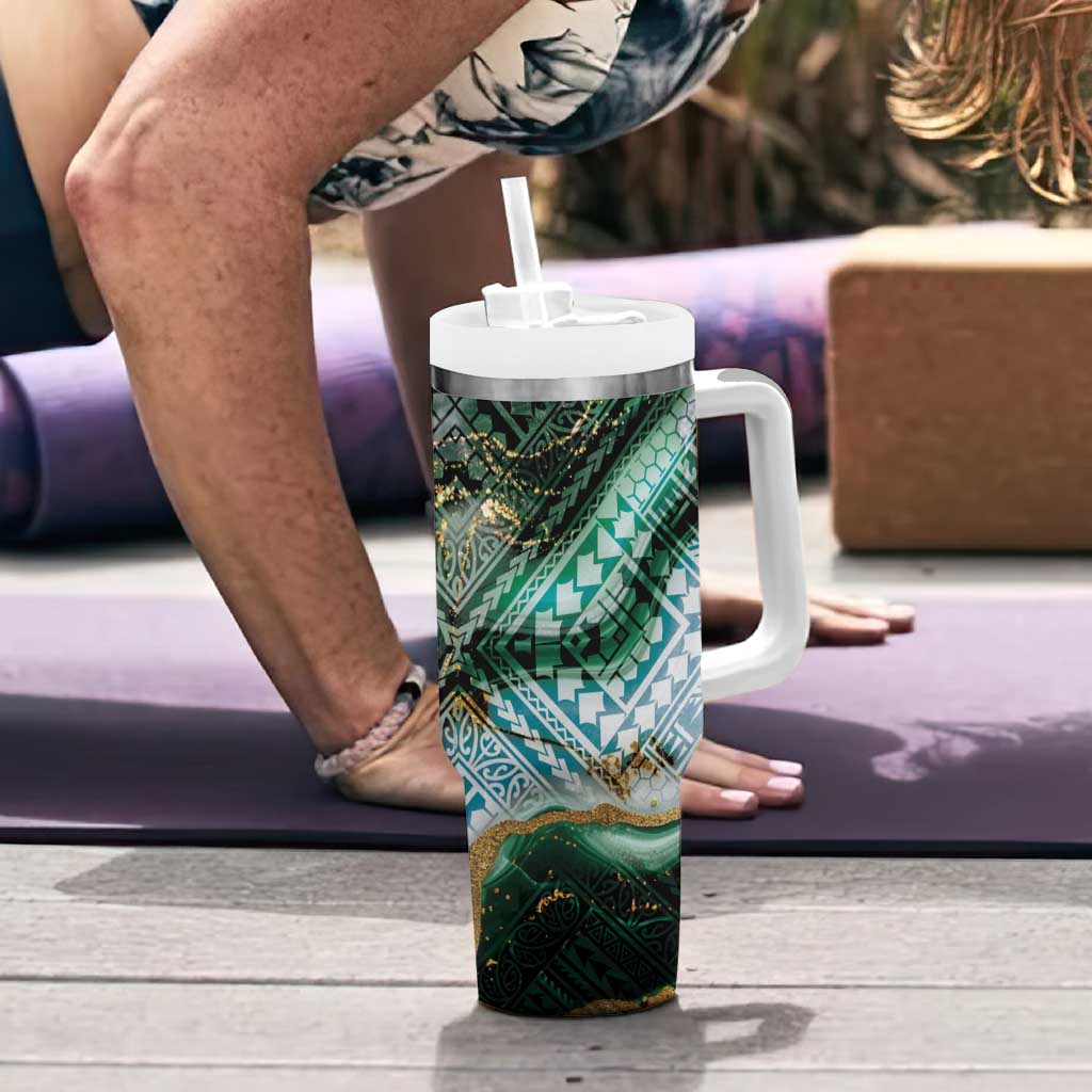 Polynesian Tribal Tattoo Tumbler With Handle Green Marble Pattern LT9 - Polynesian Pride