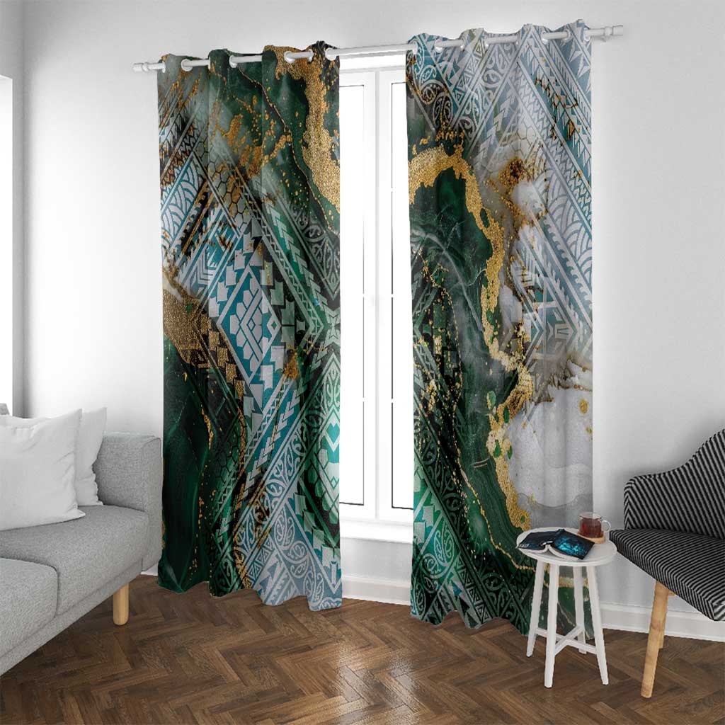 Polynesian Tribal Tattoo Window Curtain Green Marble Pattern LT9 With Grommets Green - Polynesian Pride