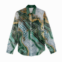 Polynesian Tribal Tattoo Women Casual Shirt Green Marble Pattern