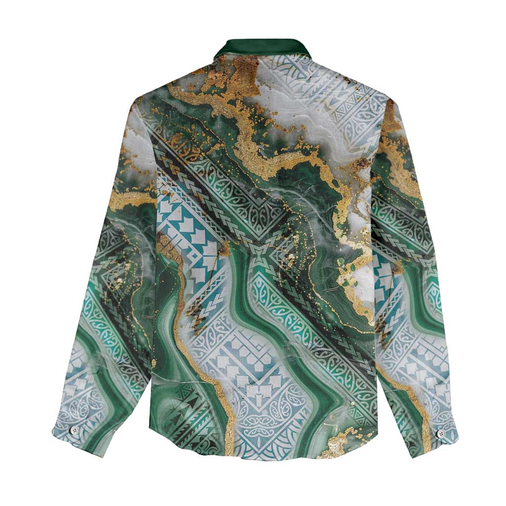 Polynesian Tribal Tattoo Women Casual Shirt Green Marble Pattern