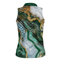 Polynesian Tribal Tattoo Women Sleeveless Polo Shirt Green Marble Pattern