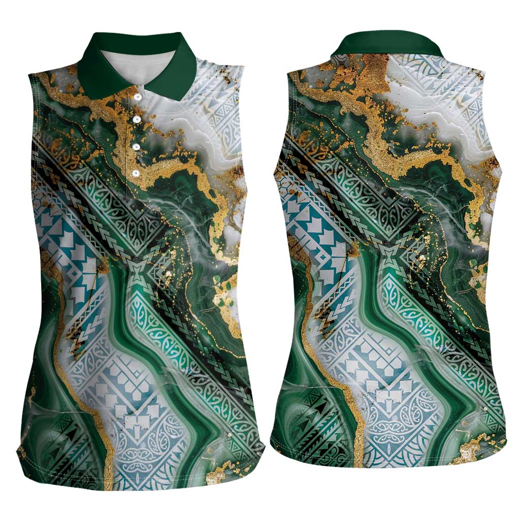 Polynesian Tribal Tattoo Women Sleeveless Polo Shirt Green Marble Pattern