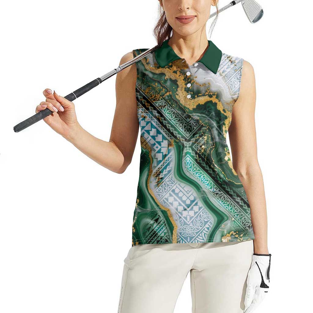 Polynesian Tribal Tattoo Women Sleeveless Polo Shirt Green Marble Pattern