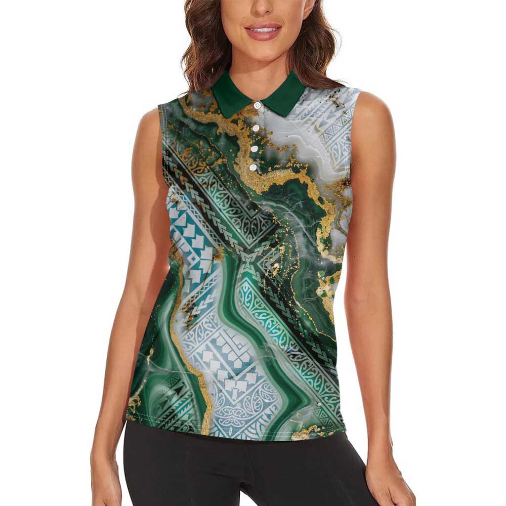 Polynesian Tribal Tattoo Women Sleeveless Polo Shirt Green Marble Pattern