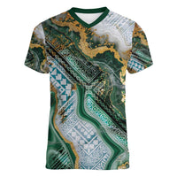 Polynesian Tribal Tattoo Women V-Neck T-Shirt Green Marble Pattern LT9 Female Green - Polynesian Pride