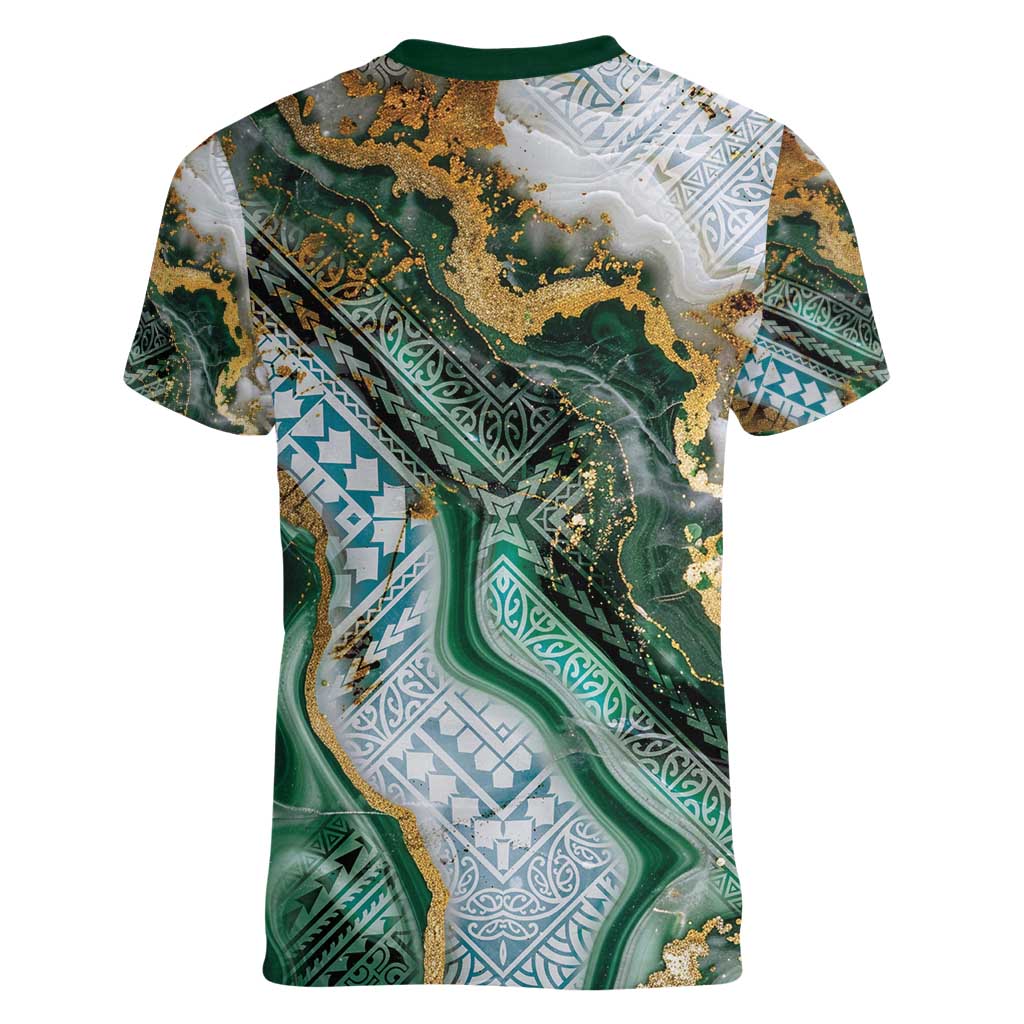 Polynesian Tribal Tattoo Women V-Neck T-Shirt Green Marble Pattern LT9 - Polynesian Pride