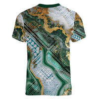 Polynesian Tribal Tattoo Women V-Neck T-Shirt Green Marble Pattern LT9 - Polynesian Pride