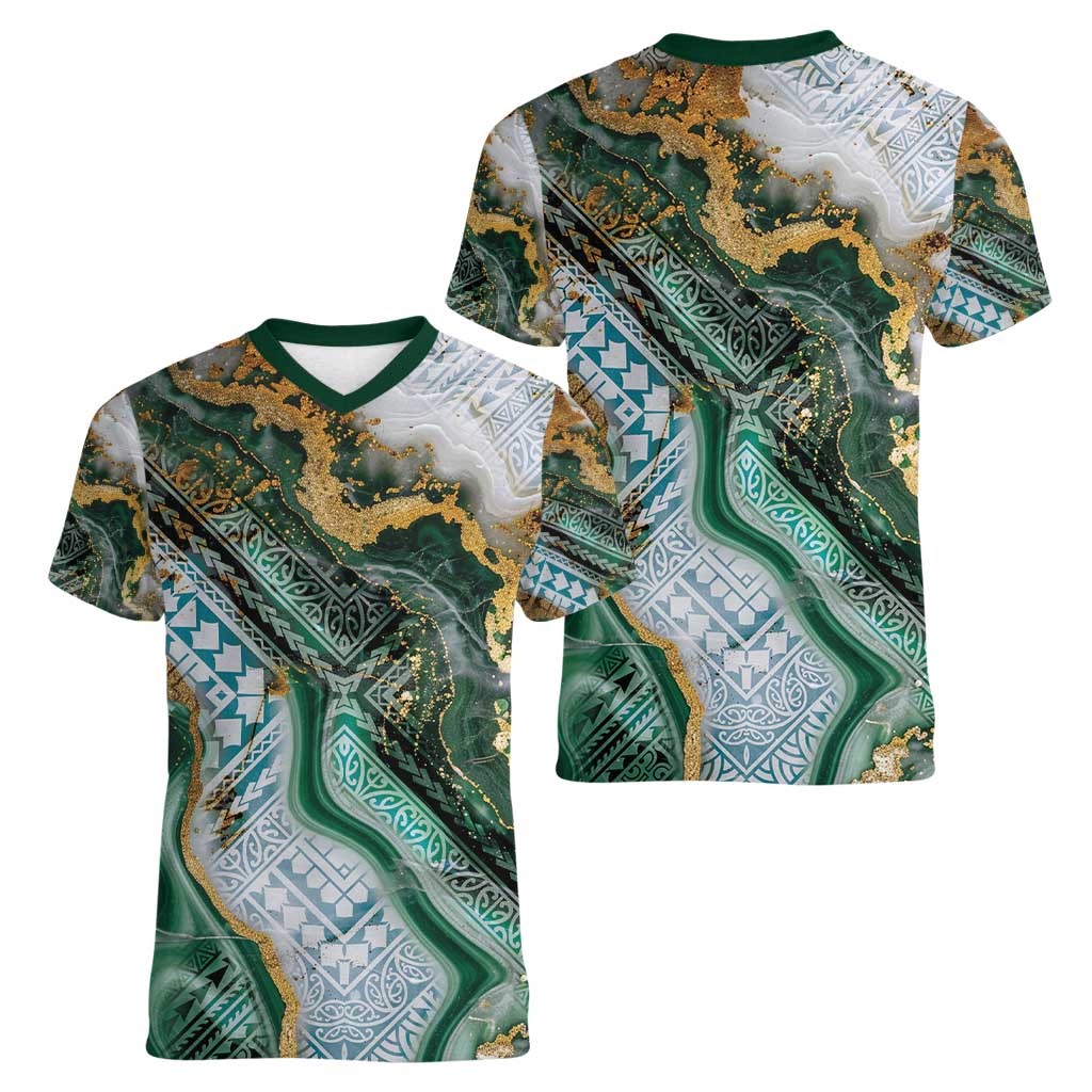Polynesian Tribal Tattoo Women V-Neck T-Shirt Green Marble Pattern LT9 - Polynesian Pride