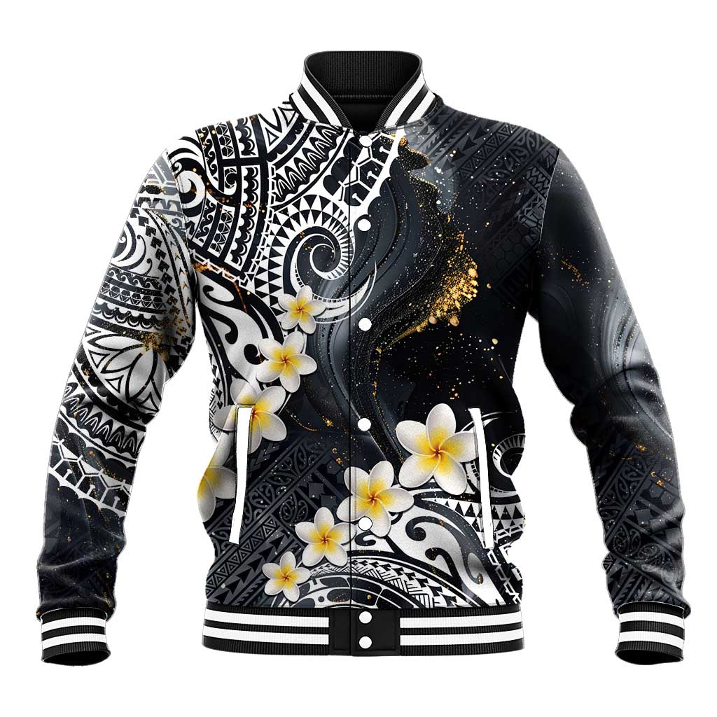 Polynesian Tribal Tattoo Baseball Jacket Plumeria Black Gold Marble Pattern LT9 Unisex Black - Polynesian Pride