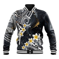 Polynesian Tribal Tattoo Baseball Jacket Plumeria Black Gold Marble Pattern LT9 Unisex Black - Polynesian Pride