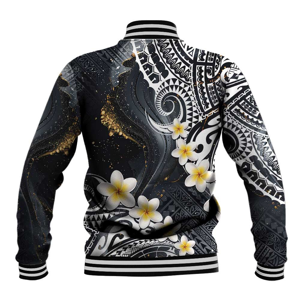 Polynesian Tribal Tattoo Baseball Jacket Plumeria Black Gold Marble Pattern LT9 - Polynesian Pride
