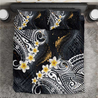 Polynesian Tribal Tattoo Bedding Set Plumeria Black Gold Marble Pattern