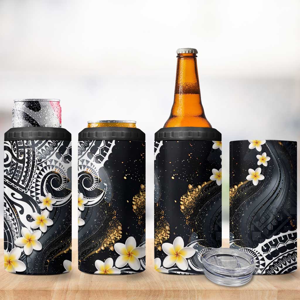 Polynesian Tribal Tattoo 4 in 1 Can Cooler Tumbler Plumeria Black Gold Marble Pattern LT9 - Polynesian Pride