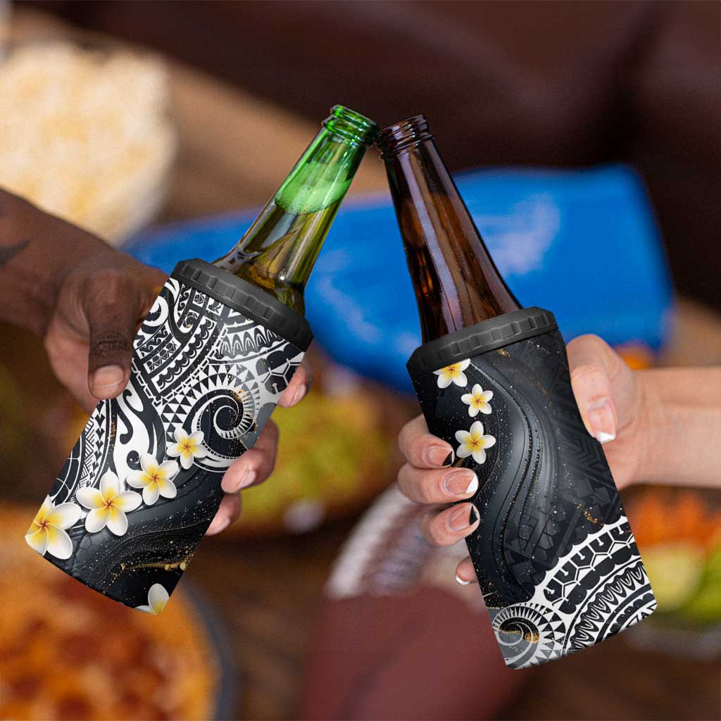 Polynesian Tribal Tattoo 4 in 1 Can Cooler Tumbler Plumeria Black Gold Marble Pattern LT9 - Polynesian Pride