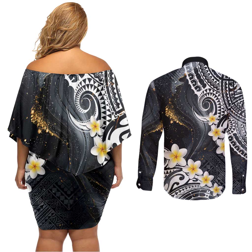 Polynesian Tribal Tattoo Couples Matching Off Shoulder Short Dress and Long Sleeve Button Shirt Plumeria Black Gold Marble Pattern LT9 - Polynesian Pride
