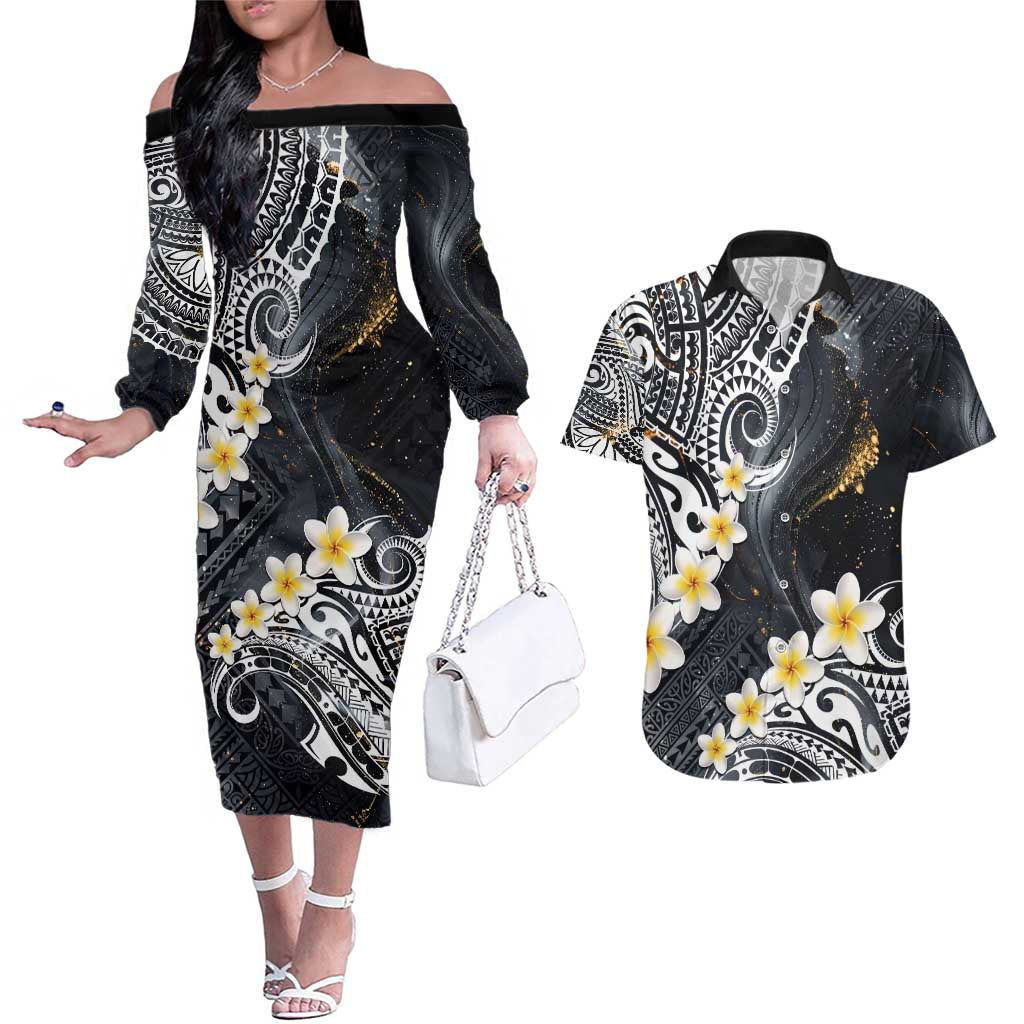 Polynesian Tribal Tattoo Couples Matching Off The Shoulder Long Sleeve Dress and Hawaiian Shirt Plumeria Black Gold Marble Pattern LT9 Black - Polynesian Pride