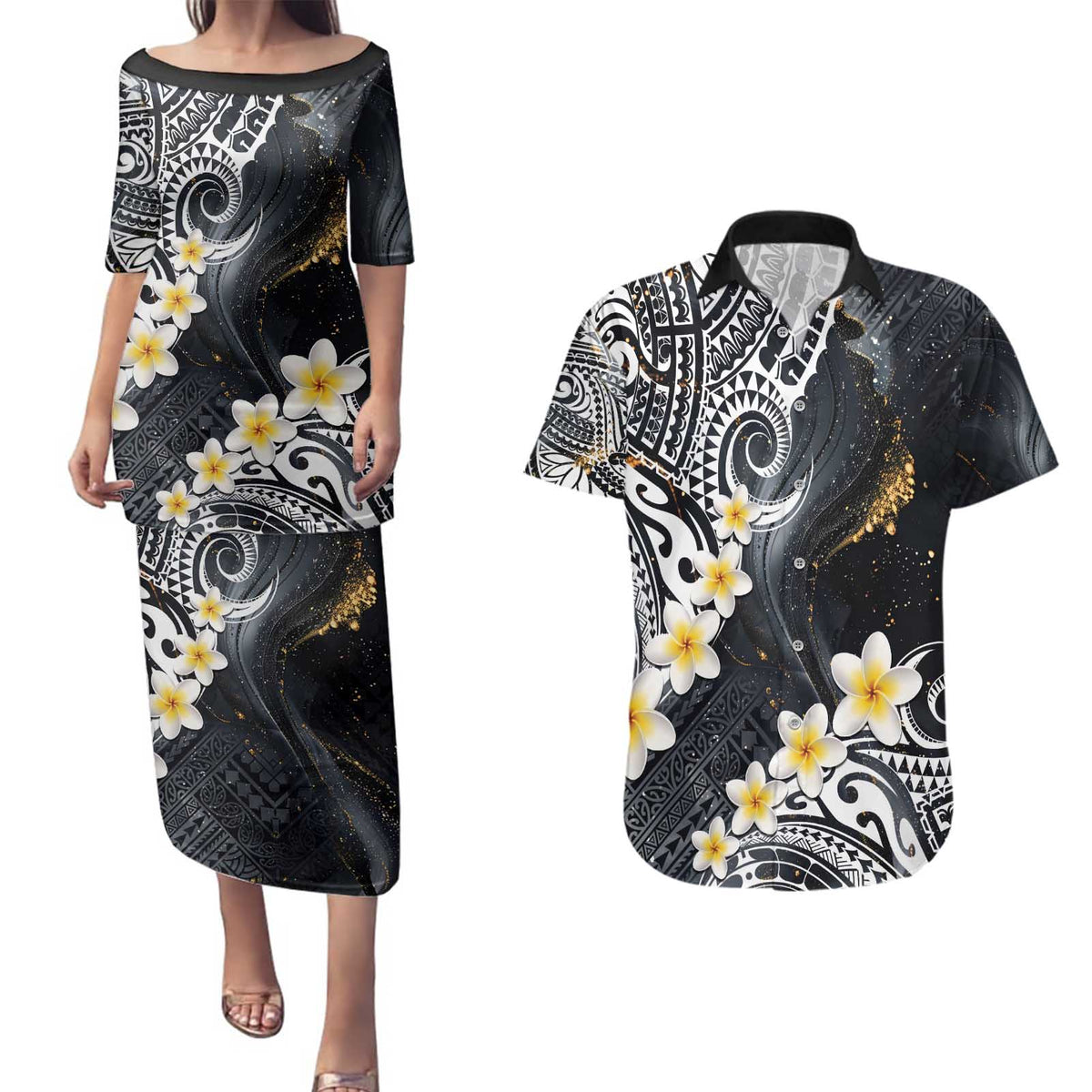 Polynesian Tribal Tattoo Couples Matching Puletasi and Hawaiian Shirt Plumeria Black Gold Marble Pattern LT9 Black - Polynesian Pride