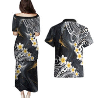 Polynesian Tribal Tattoo Couples Matching Puletasi and Hawaiian Shirt Plumeria Black Gold Marble Pattern LT9 - Polynesian Pride