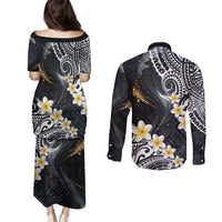 Polynesian Tribal Tattoo Couples Matching Puletasi and Long Sleeve Button Shirt Plumeria Black Gold Marble Pattern LT9 - Polynesian Pride