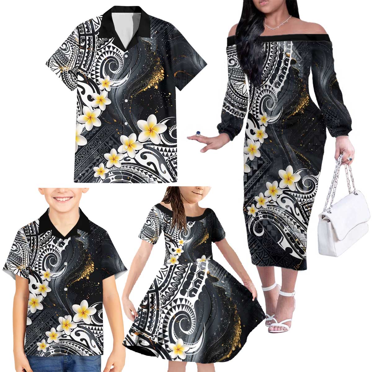 Polynesian Tribal Tattoo Family Matching Off The Shoulder Long Sleeve Dress and Hawaiian Shirt Plumeria Black Gold Marble Pattern