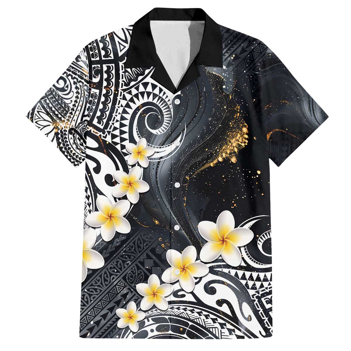 Polynesian Tribal Tattoo Family Matching Off The Shoulder Long Sleeve Dress and Hawaiian Shirt Plumeria Black Gold Marble Pattern