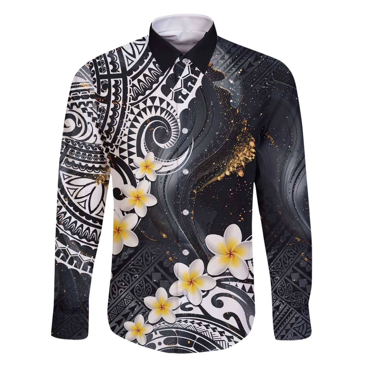 Polynesian Tribal Tattoo Family Matching Off The Shoulder Long Sleeve Dress and Hawaiian Shirt Plumeria Black Gold Marble Pattern
