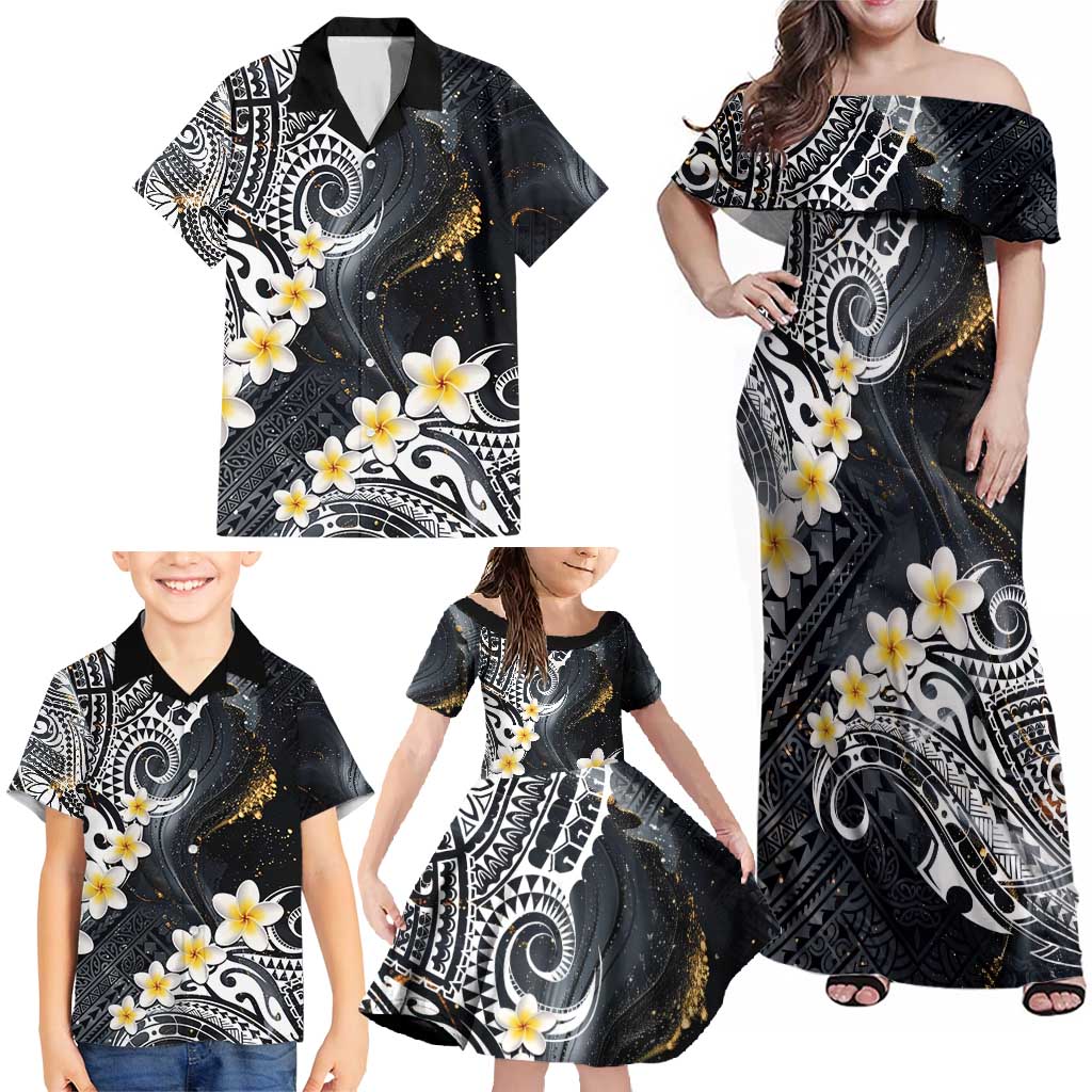 Polynesian Tribal Tattoo Family Matching Off Shoulder Maxi Dress and Hawaiian Shirt Plumeria Black Gold Marble Pattern
