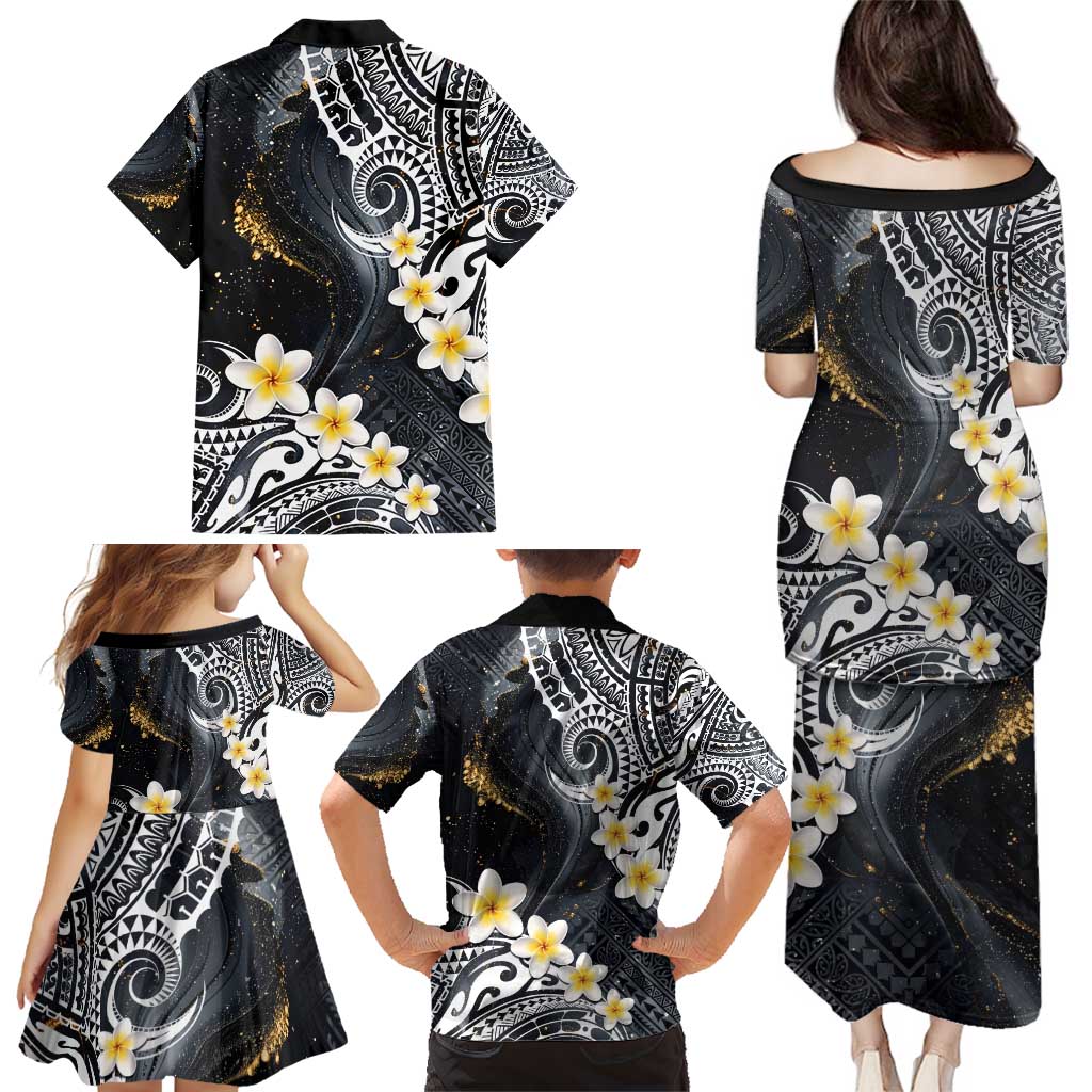 Polynesian Tribal Tattoo Family Matching Puletasi and Hawaiian Shirt Plumeria Black Gold Marble Pattern