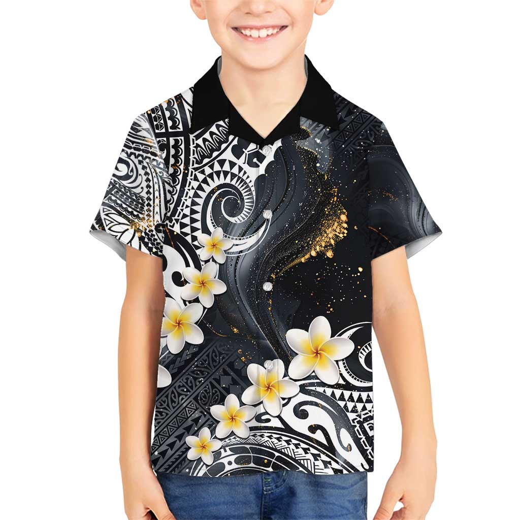 Polynesian Tribal Tattoo Family Matching Puletasi and Hawaiian Shirt Plumeria Black Gold Marble Pattern