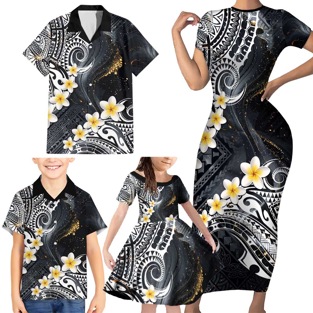 Polynesian Tribal Tattoo Family Matching Short Sleeve Bodycon Dress and Hawaiian Shirt Plumeria Black Gold Marble Pattern