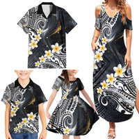 Polynesian Tribal Tattoo Family Matching Summer Maxi Dress and Hawaiian Shirt Plumeria Black Gold Marble Pattern
