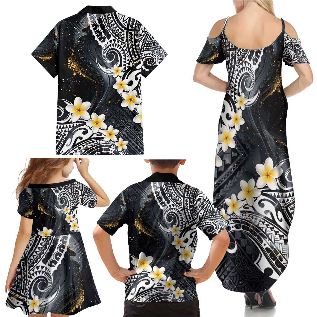 Polynesian Tribal Tattoo Family Matching Summer Maxi Dress and Hawaiian Shirt Plumeria Black Gold Marble Pattern