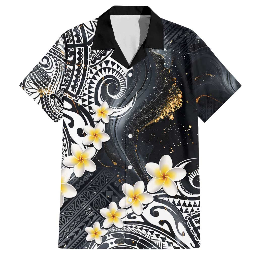 Polynesian Tribal Tattoo Family Matching Summer Maxi Dress and Hawaiian Shirt Plumeria Black Gold Marble Pattern