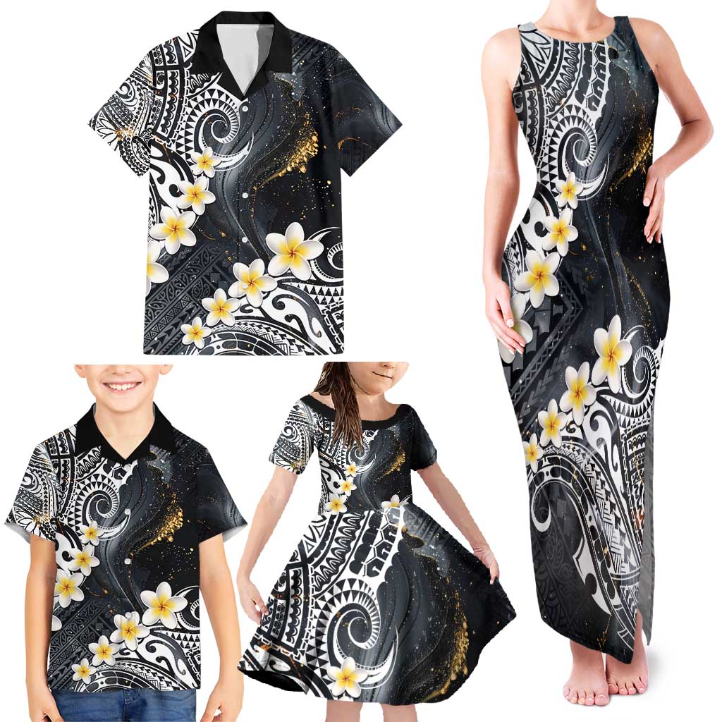 Polynesian Tribal Tattoo Family Matching Tank Maxi Dress and Hawaiian Shirt Plumeria Black Gold Marble Pattern