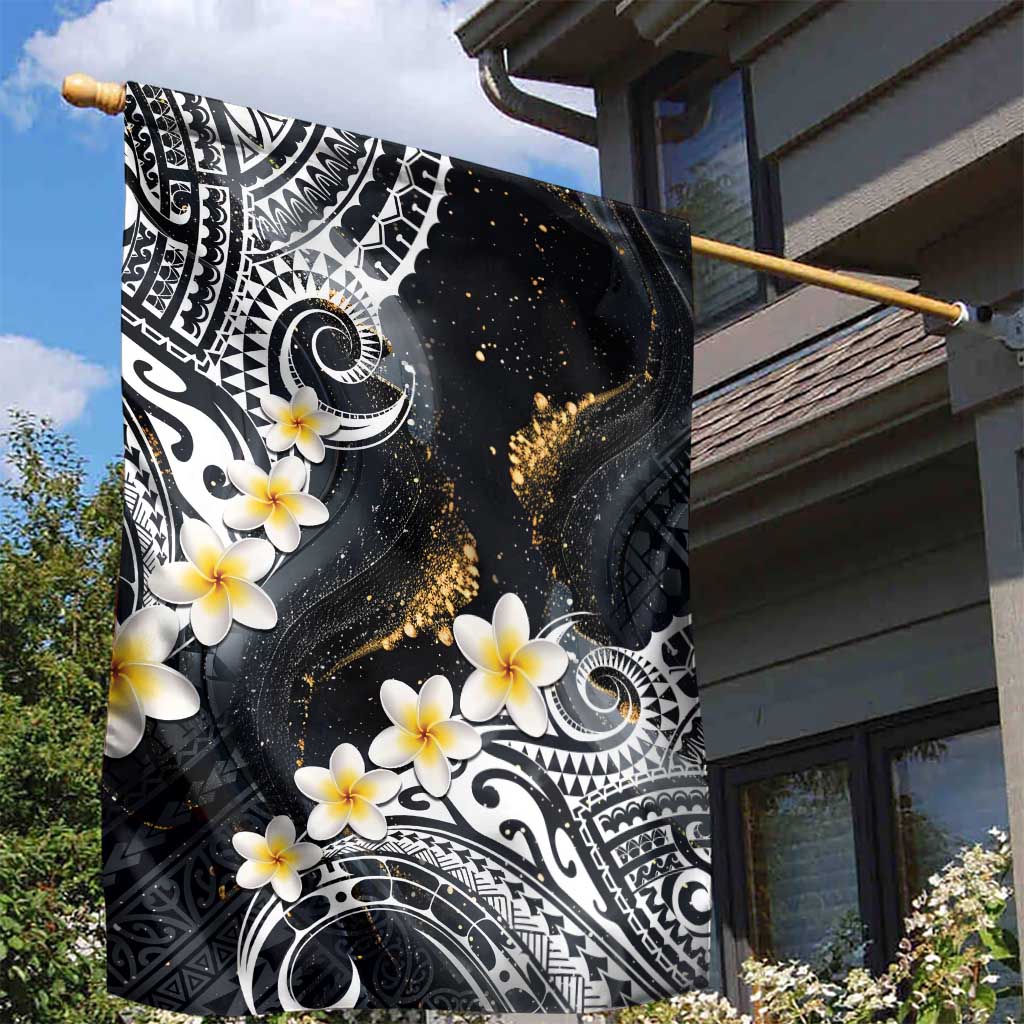 Polynesian Tribal Tattoo Garden Flag Plumeria Black Gold Marble Pattern LT9 - Polynesian Pride
