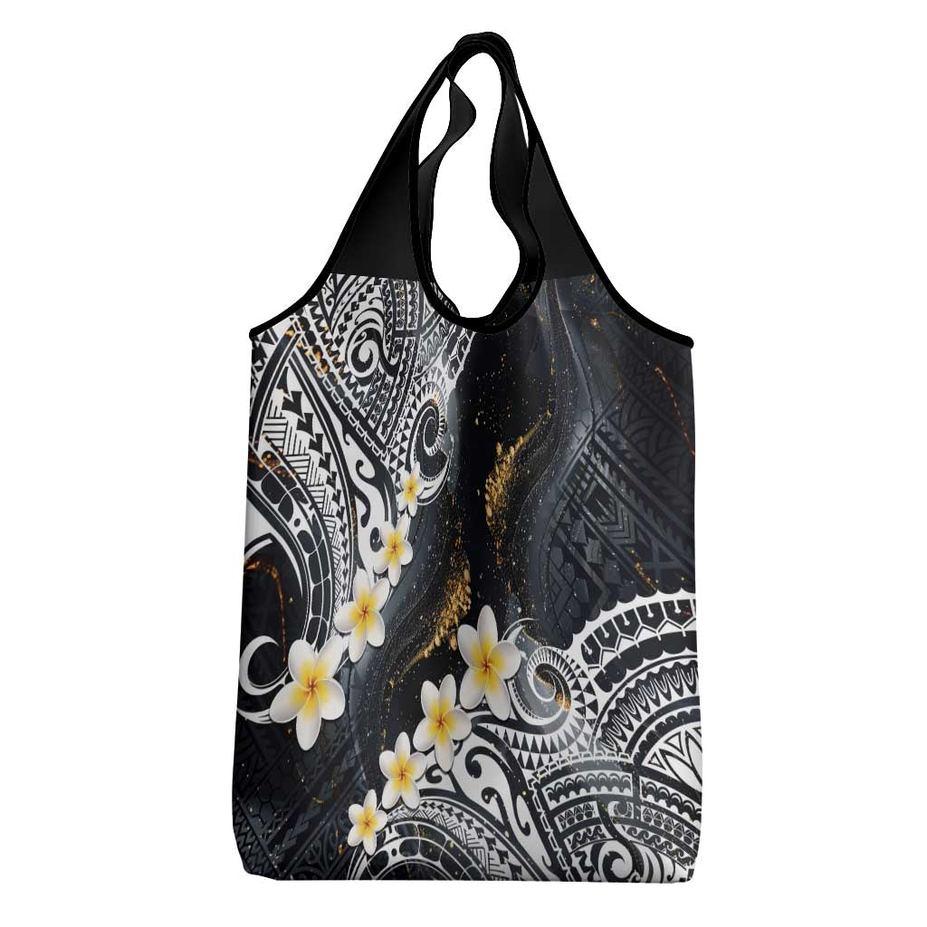 Polynesian Tribal Tattoo Grocery Bag Plumeria Black Gold Marble Pattern