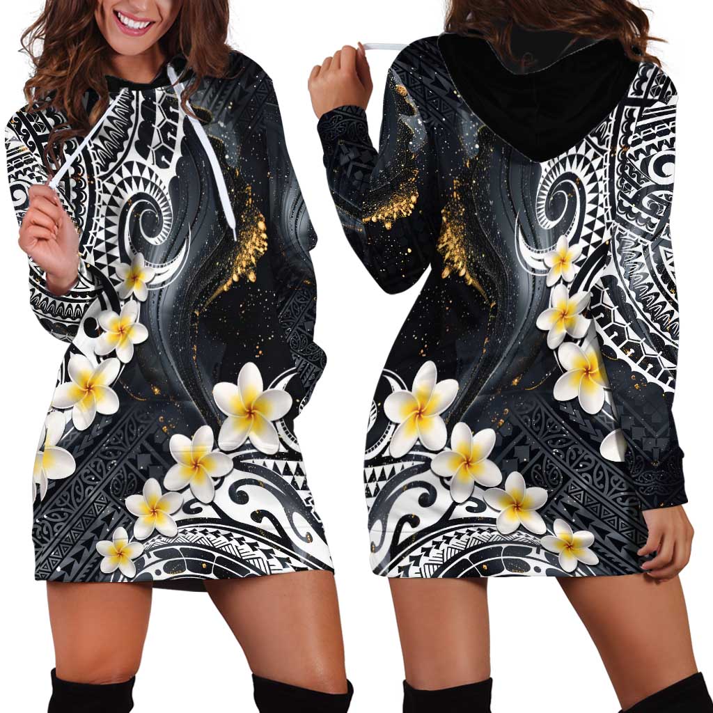 Polynesian Tribal Tattoo Hoodie Dress Plumeria Black Gold Marble Pattern LT9 - Polynesian Pride