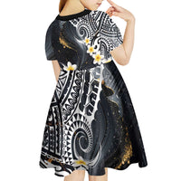 Polynesian Tribal Tattoo Kid Short Sleeve Dress Plumeria Black Gold Marble Pattern