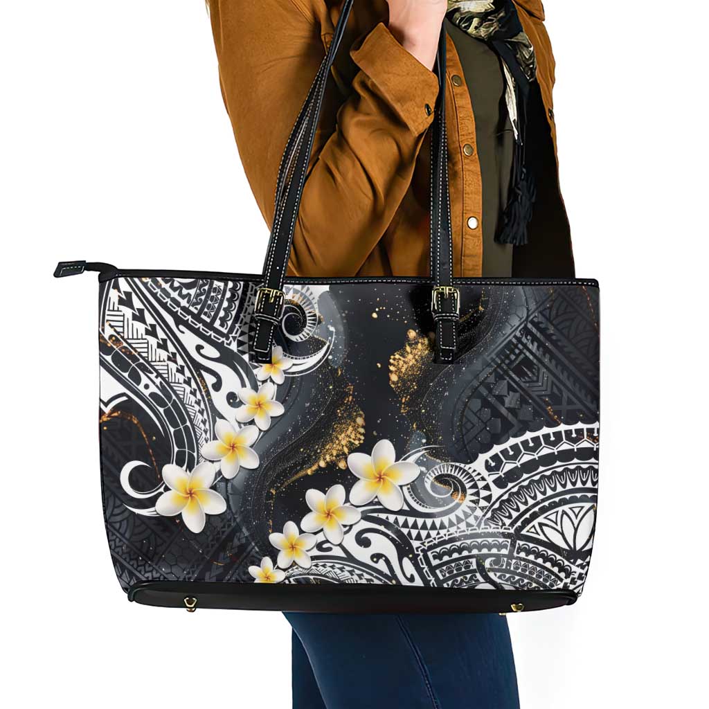 Polynesian Tribal Tattoo Leather Tote Bag Plumeria Black Gold Marble Pattern
